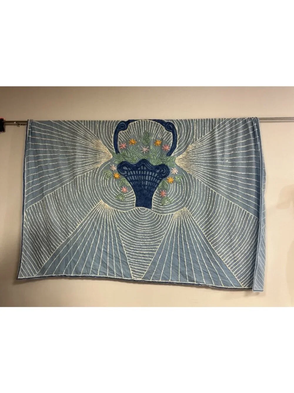 Vintage Chenille Flower Basket and Blue Ribbon Bedspread Full